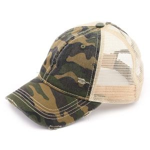 C. C. Baseball cap in camo with ponytail hole